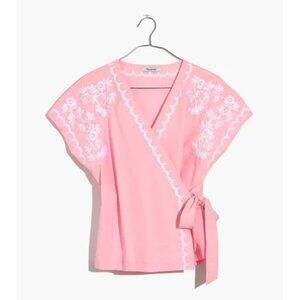 Madewell Pink Embroidered Wrap Top – Cotton Kimono Blouse, Tie Waist, Size Large